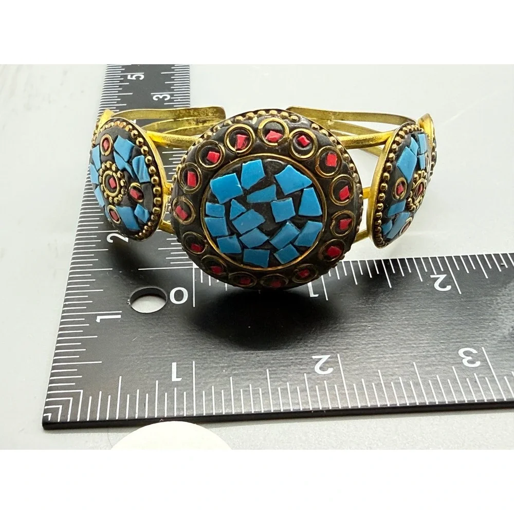 Tibetan Style Cuff Bracelet Blue Red Brass Tone Metal Mosaic Medallions Inlay